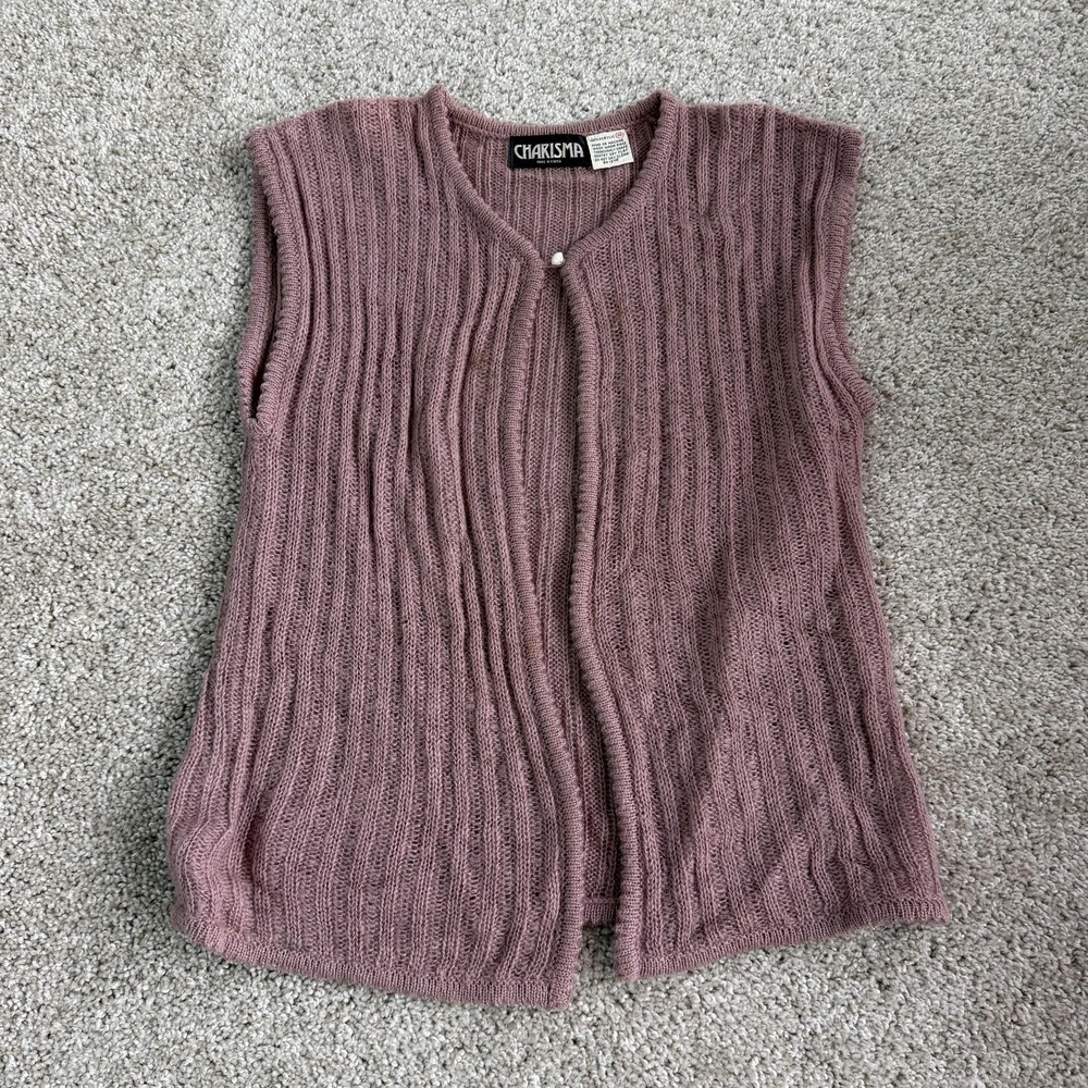 Vintage Button Front Ribbed Sweater Vest Womens M Pink Open Knit Sleeveless